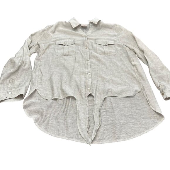 Chico's Shirt Size 2 L Begie Tie Front Button Up Roll Tab Sleeves Lightweight - Picture 11 of 11